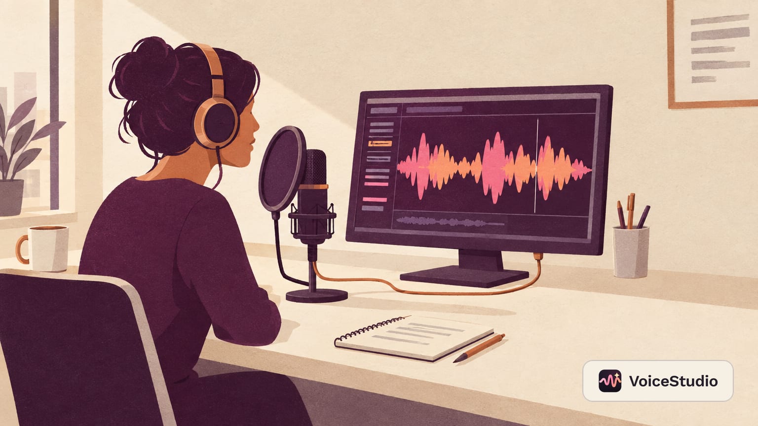 Una mujer con auriculares habla ante un micrófono de estudio mientras en el monitor se dibujan grandes ondas de voz en rosa y melocotón, todo conectado en la misma mesa.