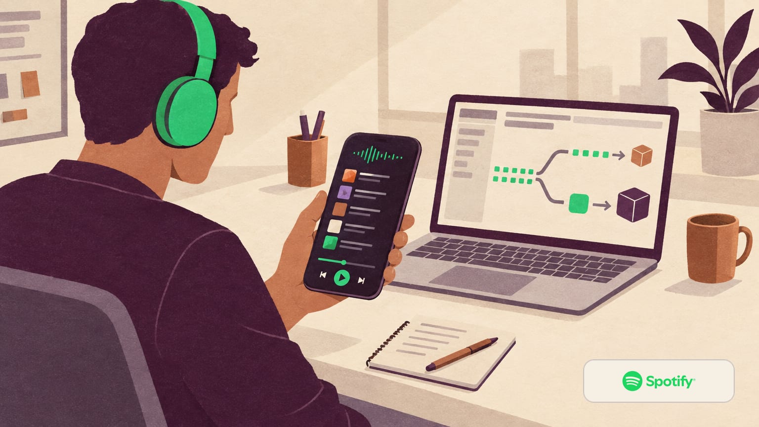 Un hombre con auriculares verdes sostiene un móvil con una app de música con listas y ondas, junto a un portátil que muestra un desvío de dos carriles para repartir tareas.