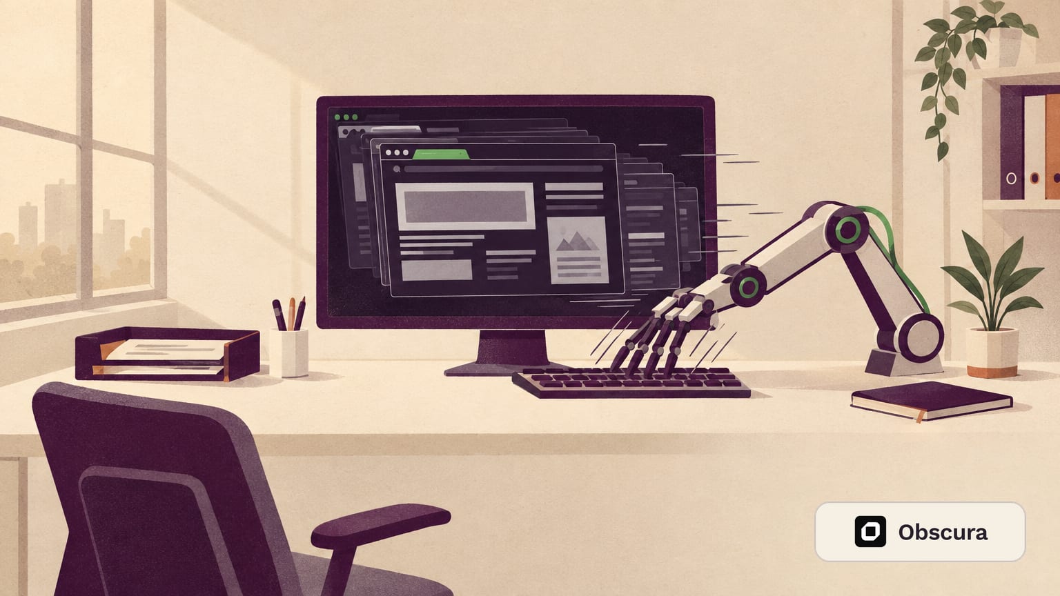 Un monitor con una ventana de navegador oscura y minimalista que un brazo mecánico maneja deprisa, delante de una silla de oficina vacía.