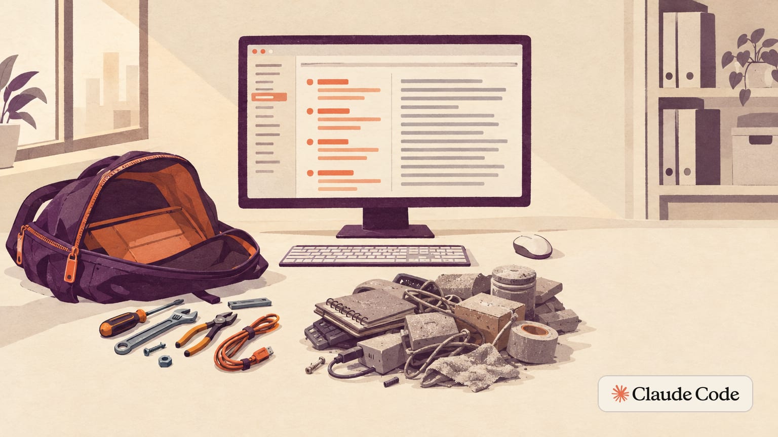 Un monitor con una terminal y un informe en naranja arcilla y, delante, una mochila vaciada en dos montones: pocas herramientas usadas y muchas con polvo.