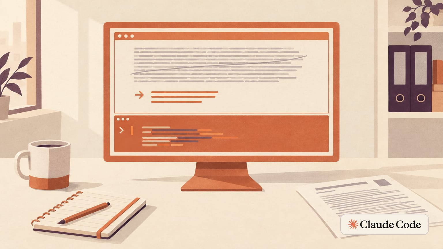 Un monitor con una terminal en naranja arcilla donde una respuesta larga y atenuada se reduce a tres renglones cortos, con un folio lleno de texto apartado a un lado.
