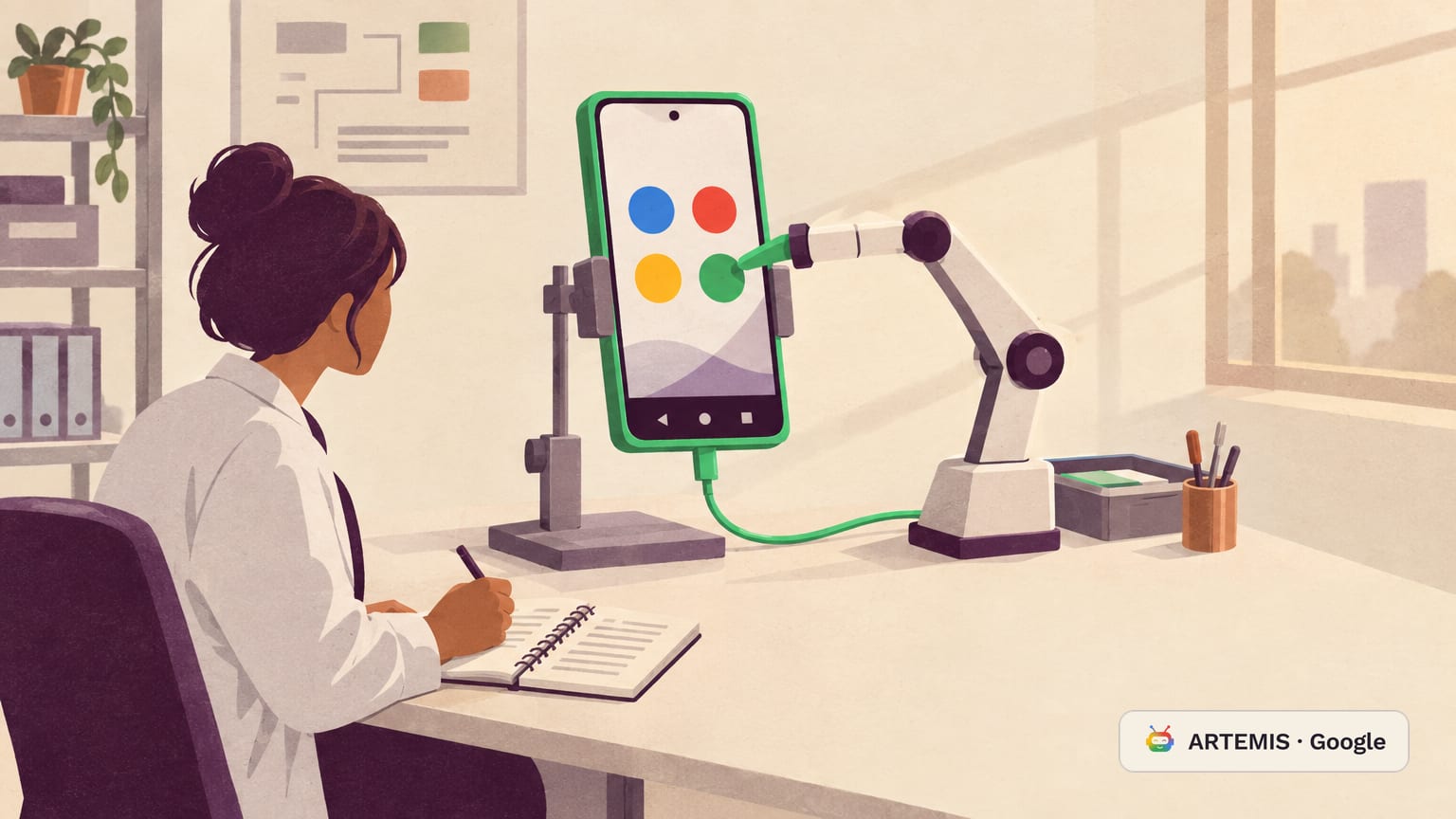 Un móvil Android con iconos en los colores de Google y funda verde, en un soporte, que un brazo mecánico toca mientras una mujer observa y toma notas.